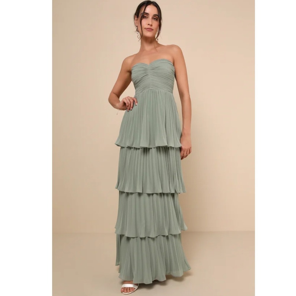 Lulus Seriously Sensational Sage Brush Pleated Strapless Tiered Maxi Dress Large